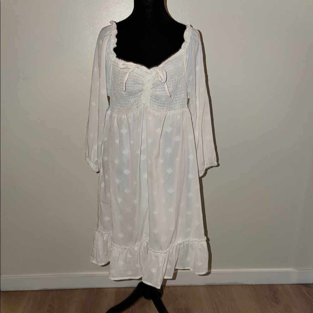 White Swiss Dot Peasant Midi Dress